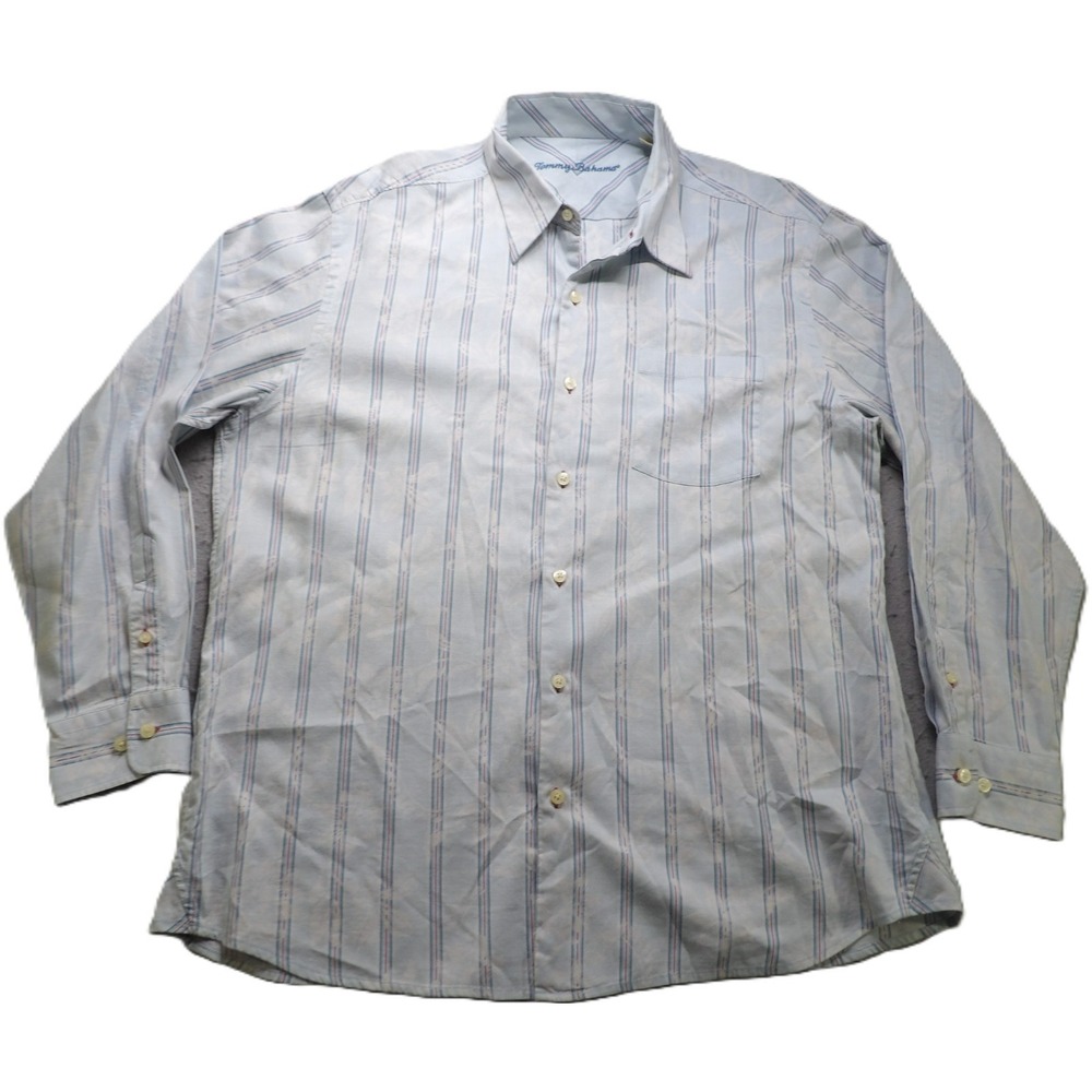Tommy Bahama Men XL Blue Stripe Silk Cotton Button Down Shirt LS Pocket Casual